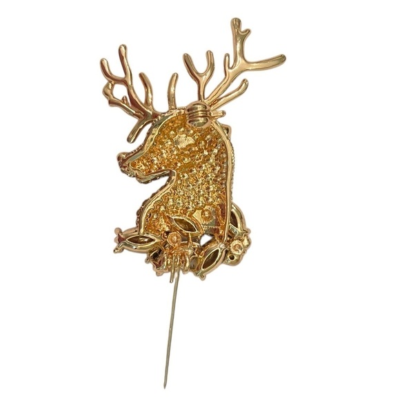 Gold-tone crystal encrusted reindeer green red crystal holly leaves brooch pin - Picture 4 of 4